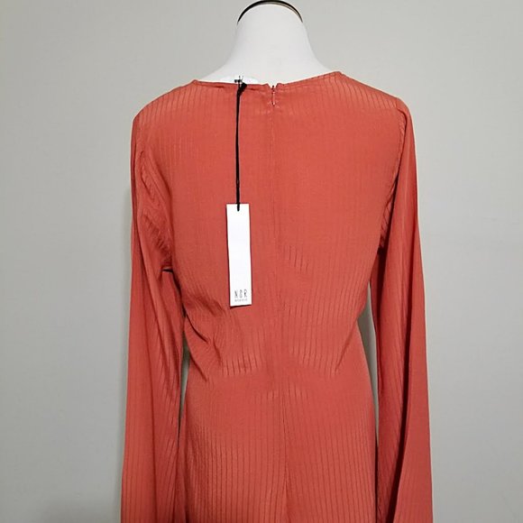 New NSR Twist Knot Flared Long Sleeve Dress  L/Large Womens Burnt Orange Mini - Picture 7 of 11